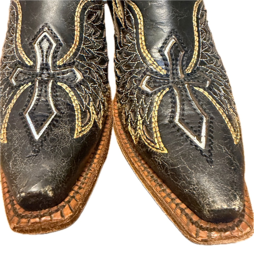 CORRAL Vintage Wing & Cross Western Boots Women 8.5 Black Distressed Inlay - Picture 5 of 11